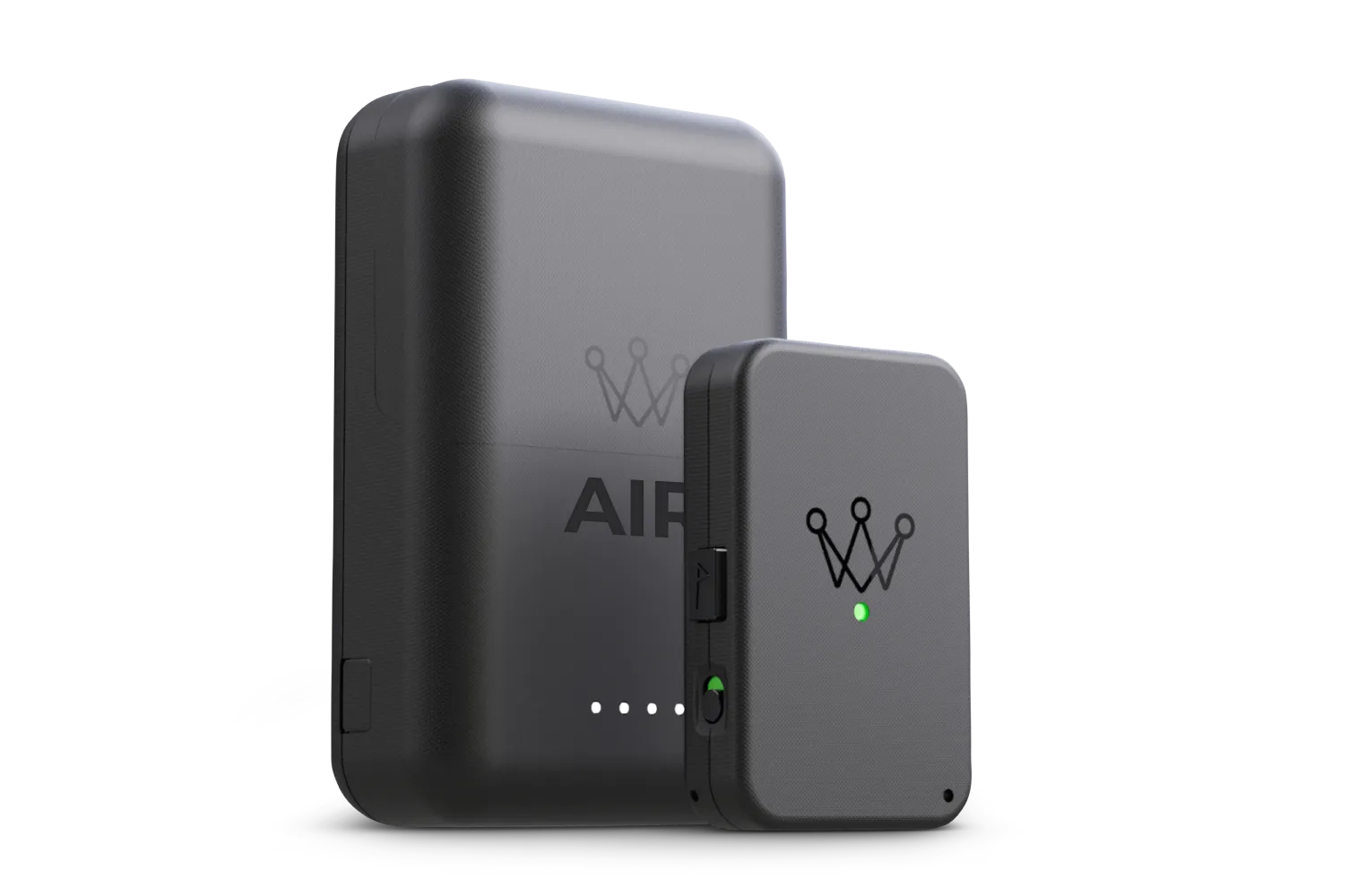 A small dark grey electronic device with a crown logo in front of a larger, similar device.