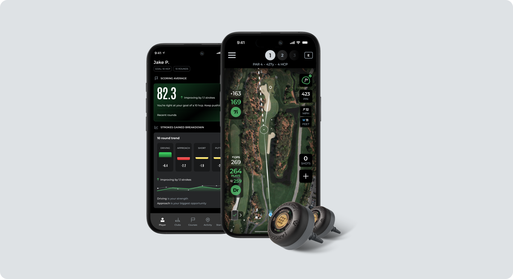 Two smartphones displaying a golf tracking app's interface, next to two small, round Arccos golf sensors.