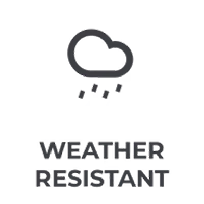 An icon of a rain cloud with the words 'WEATHER RESISTANT' underneath.