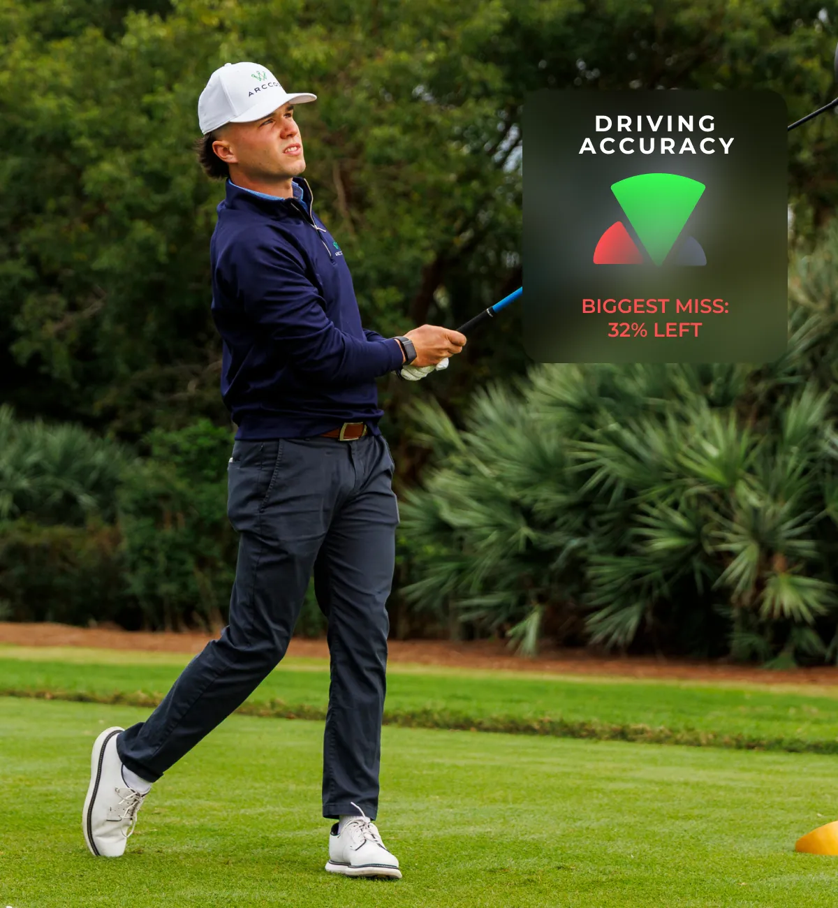 A male golfer watches his shot on a golf course with a 'Driving Accuracy' graphic overlay.