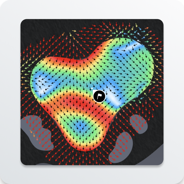 A heat map of a golf green with arrows indicating the slope and a flag marking the hole.