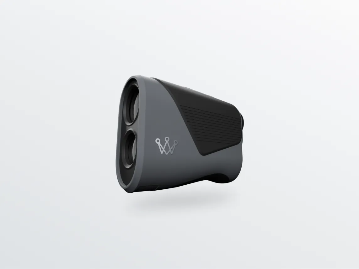 A dark grey and black laser rangefinder with a silver crown logo, against a light grey background.