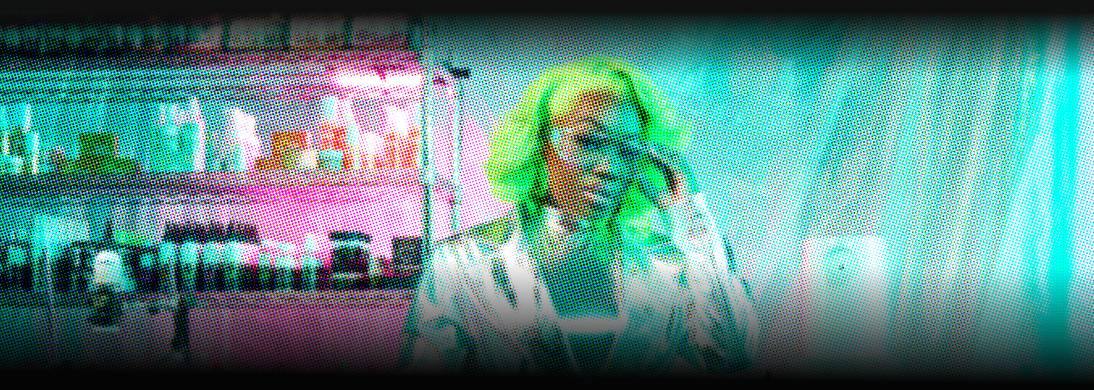 Woman in metallic jacket in a neon-lit beauty lab surrounded by hair product shelves