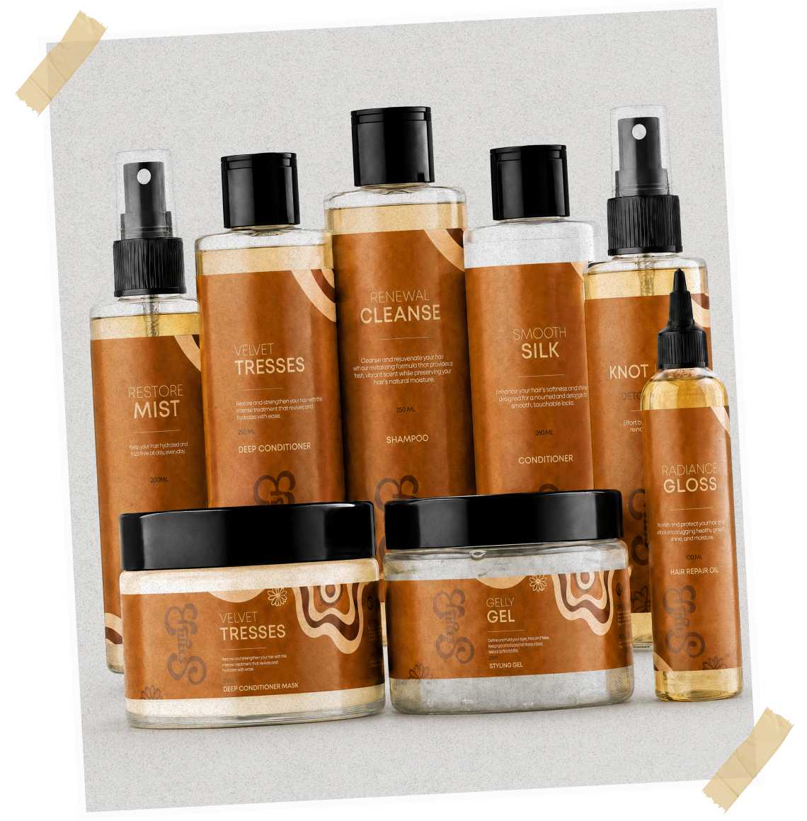 A collection of hair care products in bottles and jars with matching brown and black packaging.