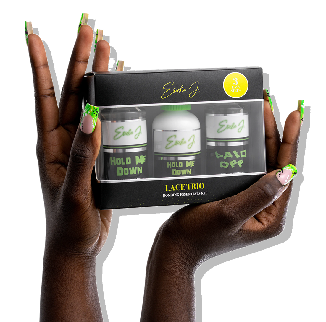 A person with long, decorative green nails holds the Ericka J. Lace Trio Bonding Essentials Kit.