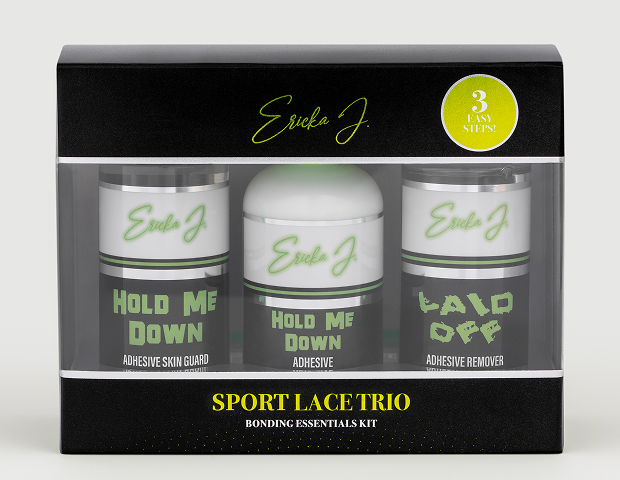 An Ericka J. Sport Lace Trio bonding essentials kit with three jars in a black and clear box.