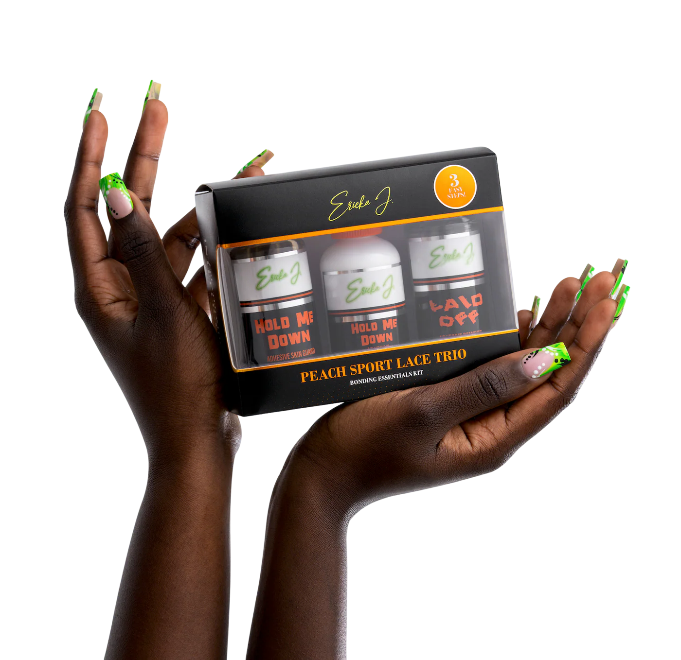 Two hands holding the Ericka J Peach sport lace trio