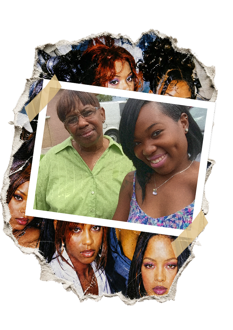 A photo collage with a central picture of two women taped over a background of torn photos.
