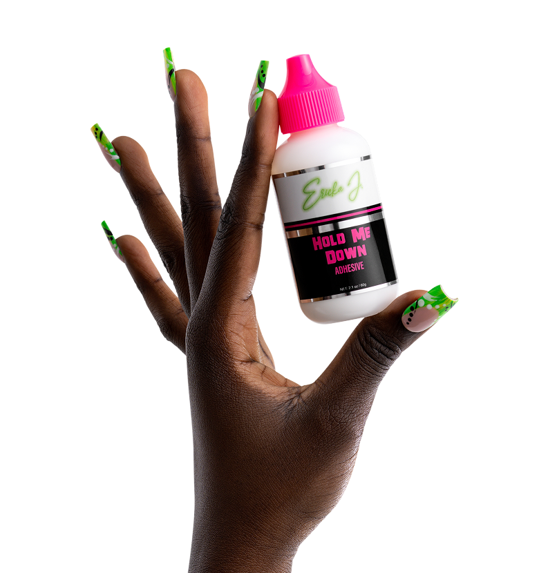 Ericka J Hold Me Down water-resistant nail glue product image with hand and pink halo