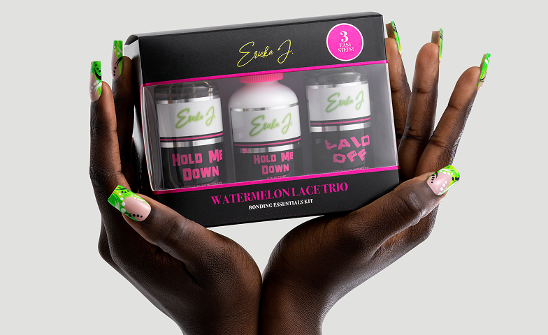 Watermelon lifestyle/card image: Ericka J Watermelon Lace Trio kit held in hands