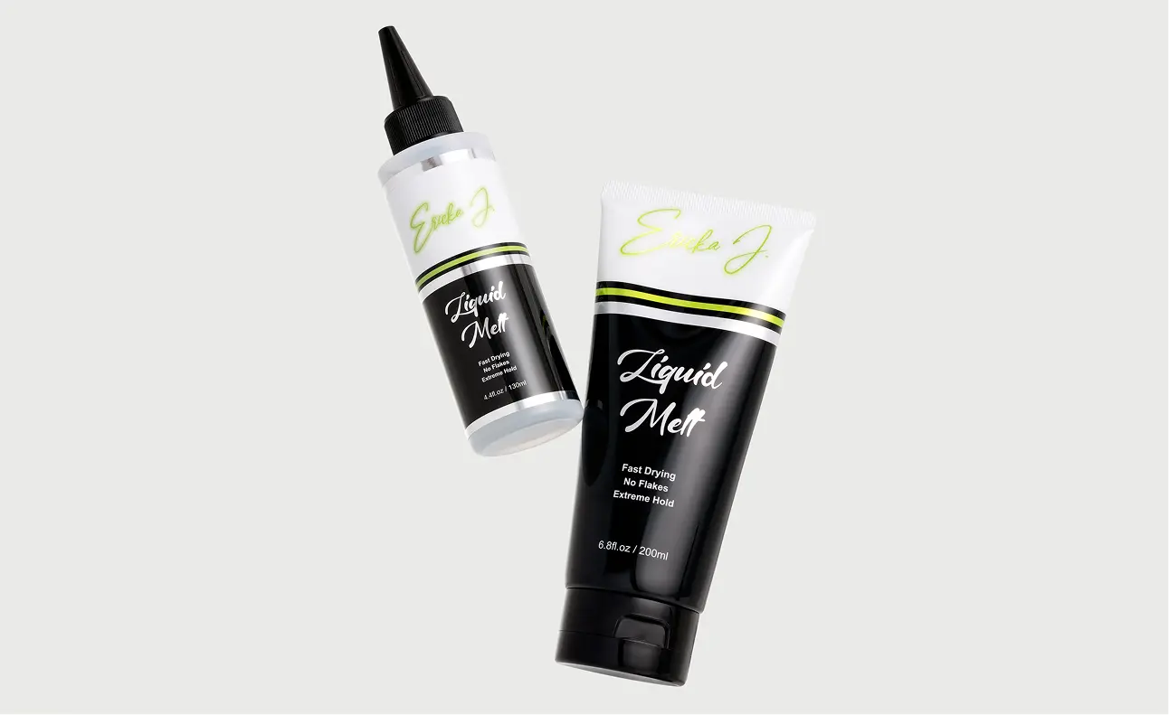 Two containers of Erika J. Liquid Melt hair product, a bottle and a tube, against a gray background.