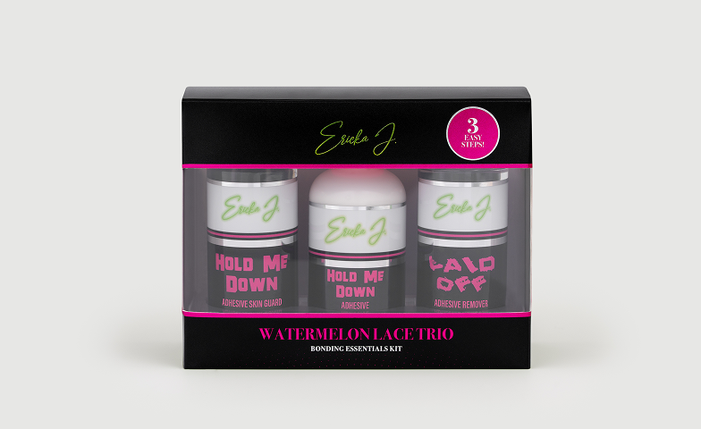 The Ericka J. Watermelon Lace Trio, a bonding essentials kit, in its black, pink, and green packaging.