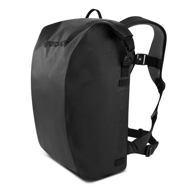 Black backpack with buckles and padded straps.