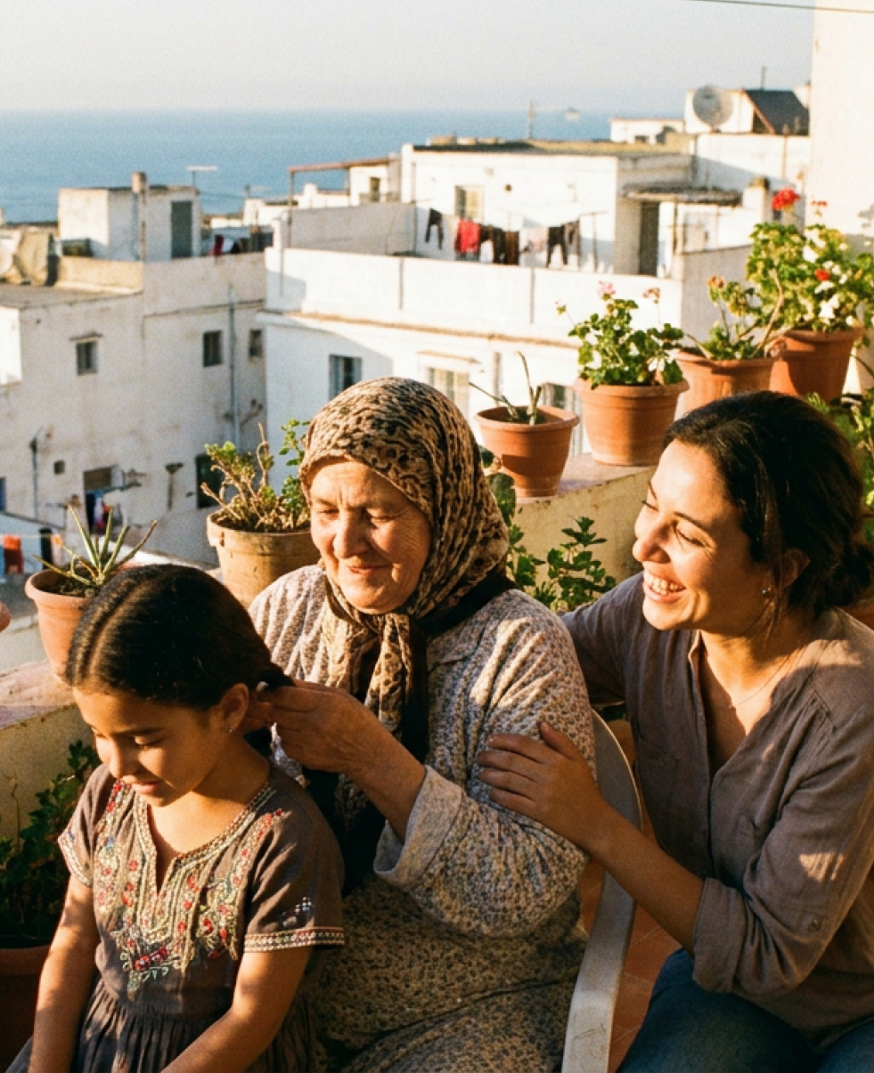 Three women on a balcony by the sea; an older woman braids a girl's hair as another smiles.