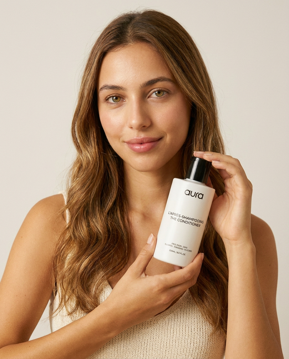 A woman with long brown hair smiles while holding a white bottle of Aura hair conditioner.