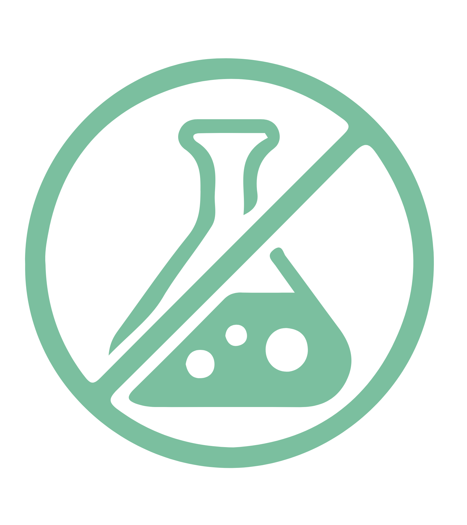 Green crossed-out chemistry flask icon on white background.