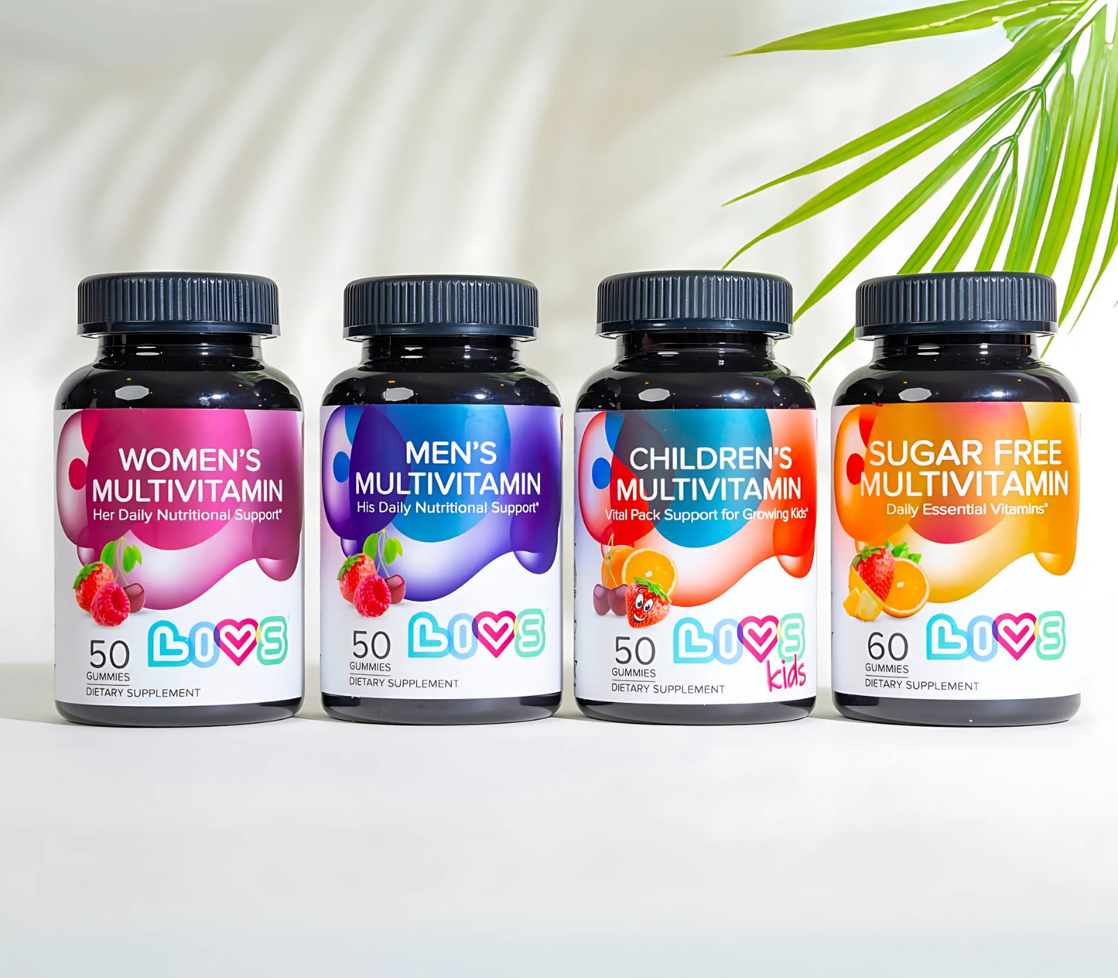 Four multivitamin bottles labeled for women, men, children, and sugar-free, with a plant in the background.