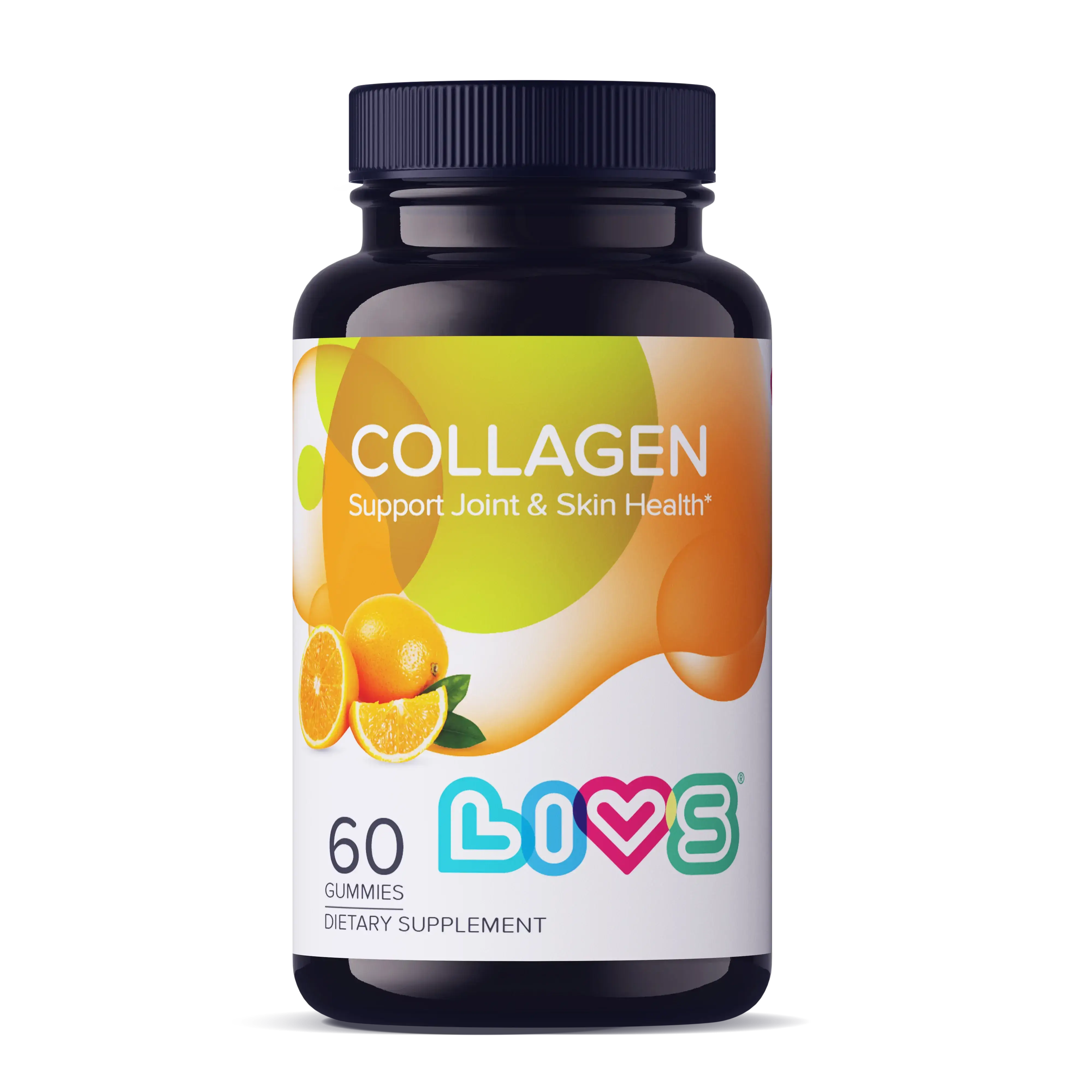 A bottle of collagen gummies with an orange-themed label.