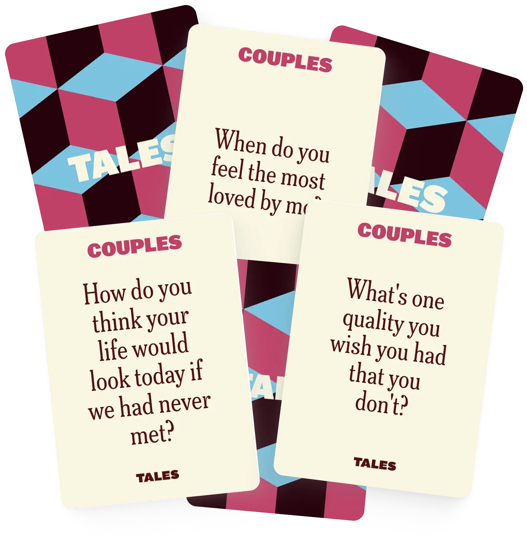 A set of cards with questions for couples, labeled 'TALES.'