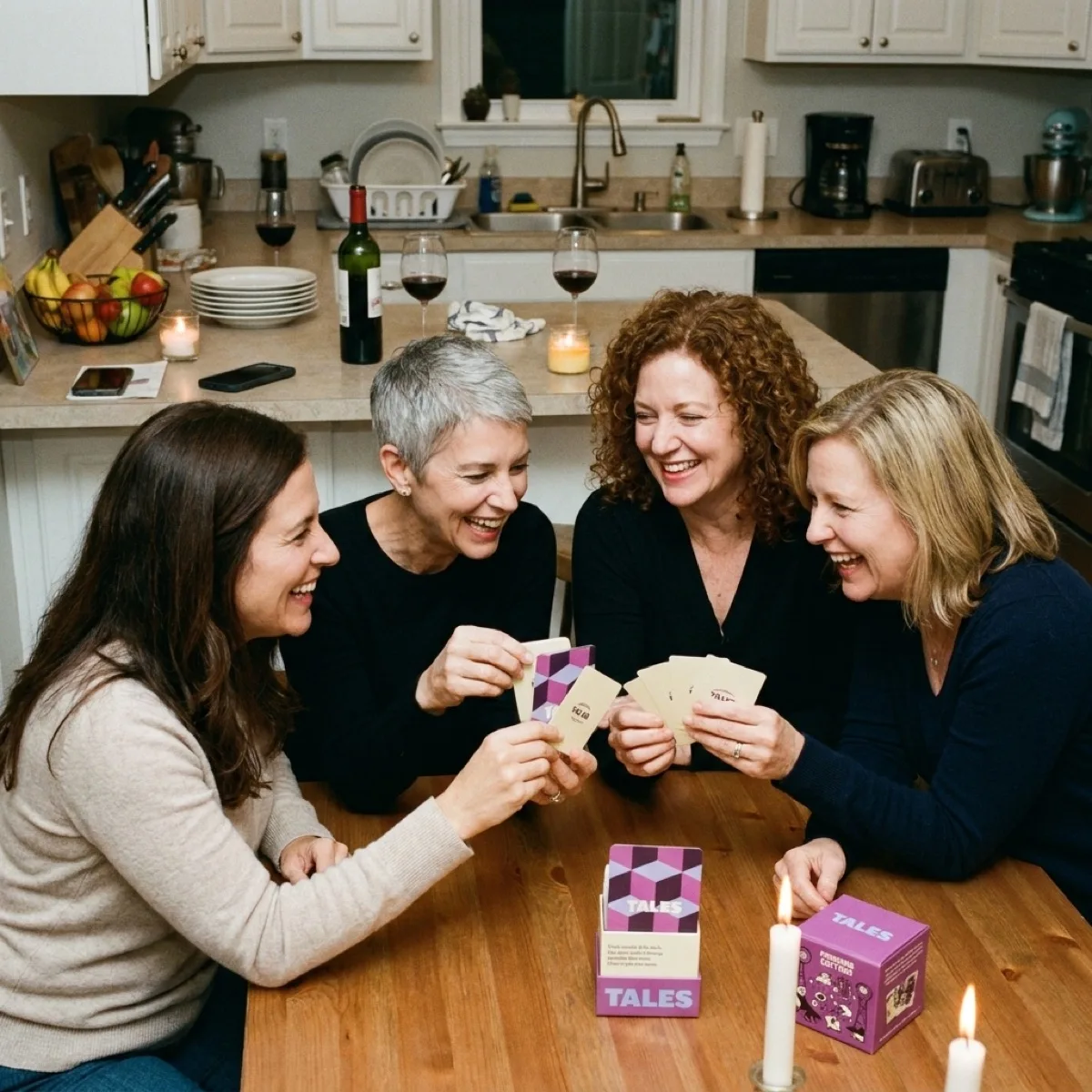 Four women laugh while sitting around a kitchen table playing a card game called Tales with wine.