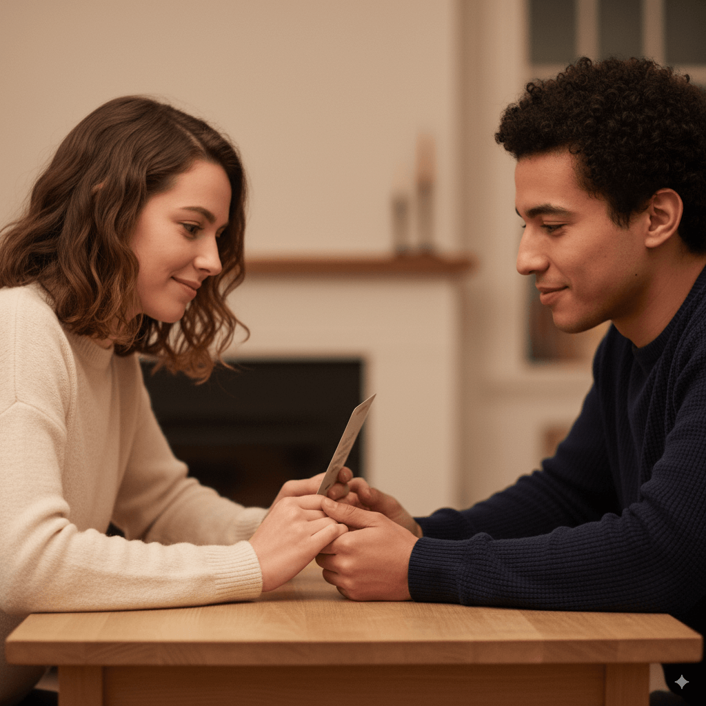 Two people sitting at a table, holding a photo and looking at each other.