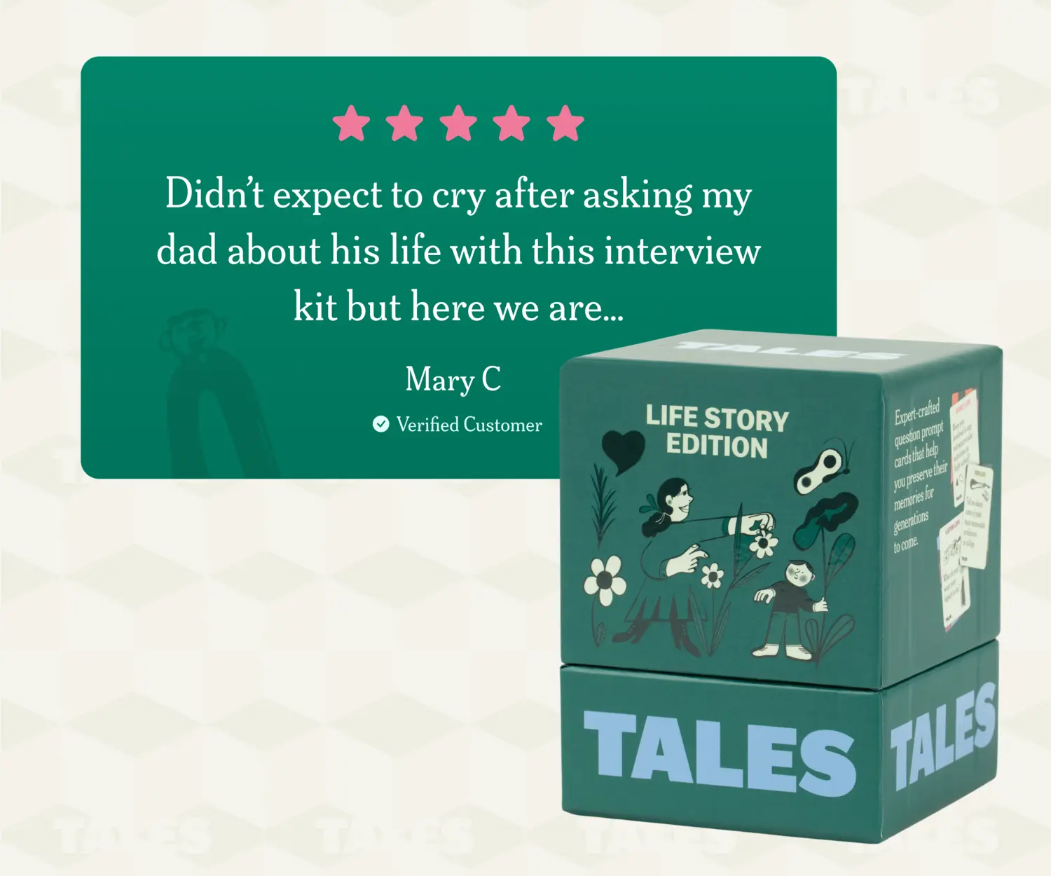 Box labeled 'Life Story Edition' with a customer review above it.