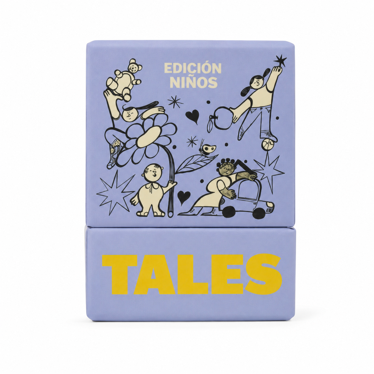 Illustrated children playing with toys and flowers, labeled 'Kids Edition' and 'Tales.'