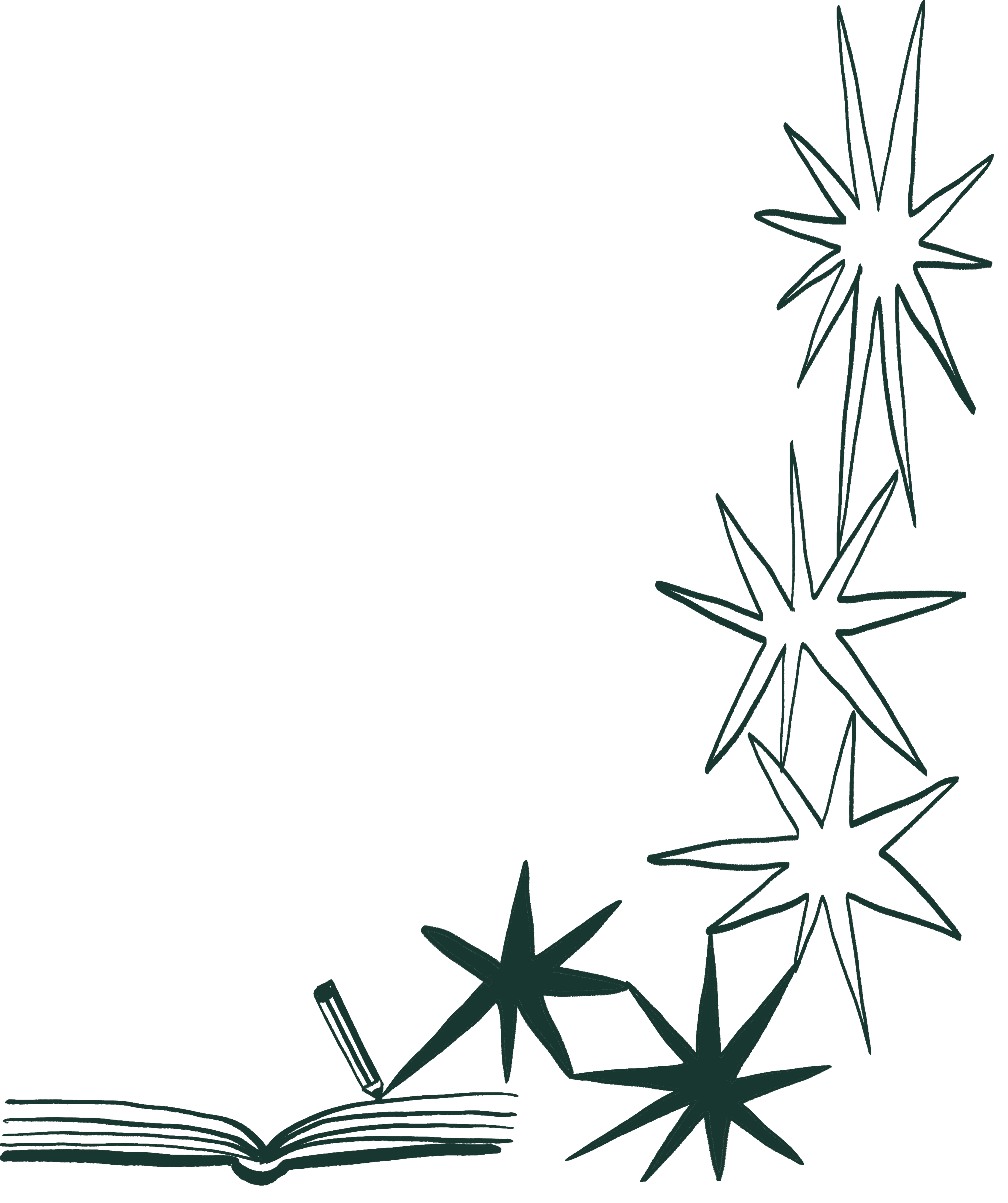 Illustration of an open book with stars and a pencil.