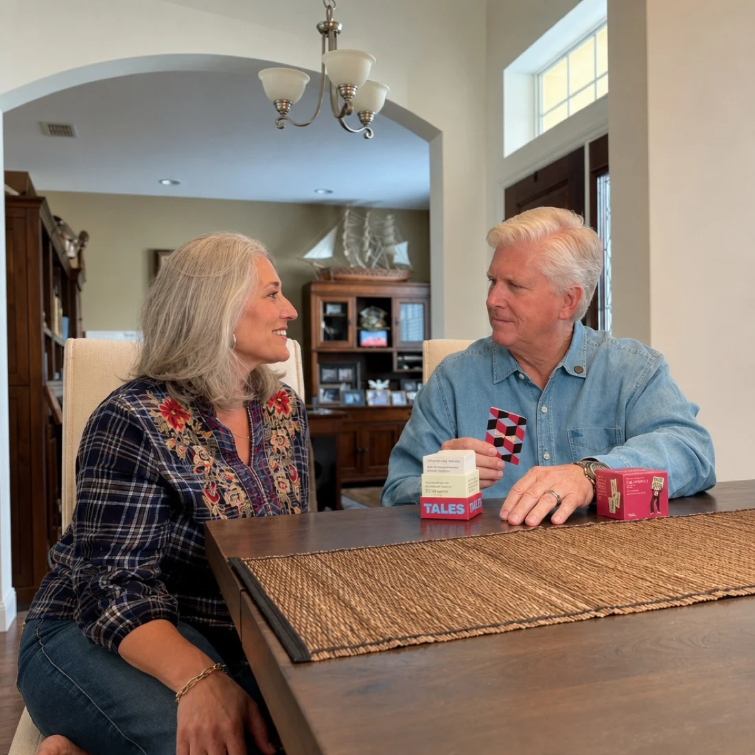 A man and a woman sit at a dining table, smiling at each other while playing a card game.
