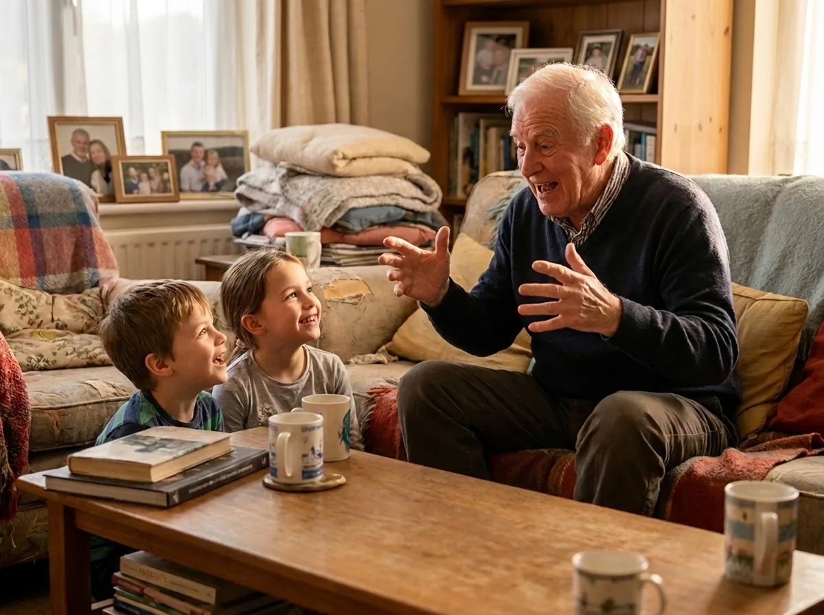An elderly man sits on a couch and animatedly tells a story to two young, smiling children.