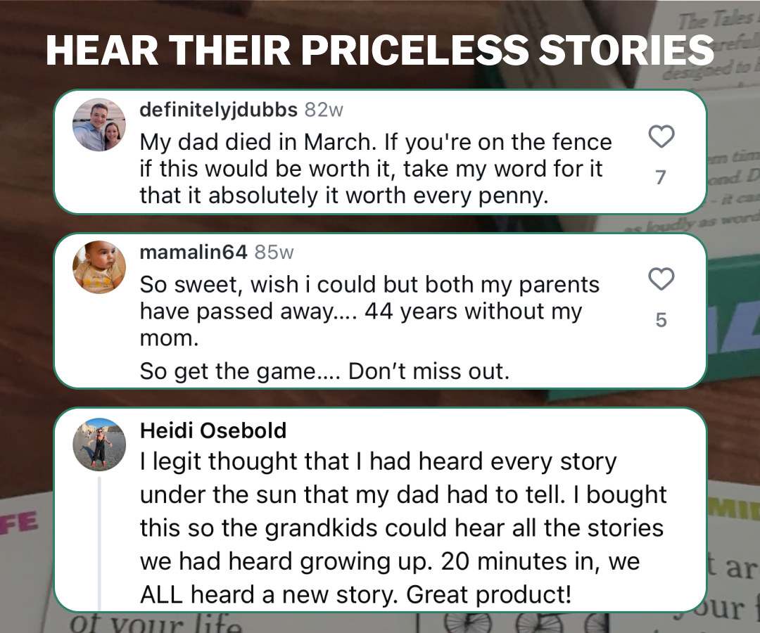 Three social media comments about a storytelling game with positive feedback.