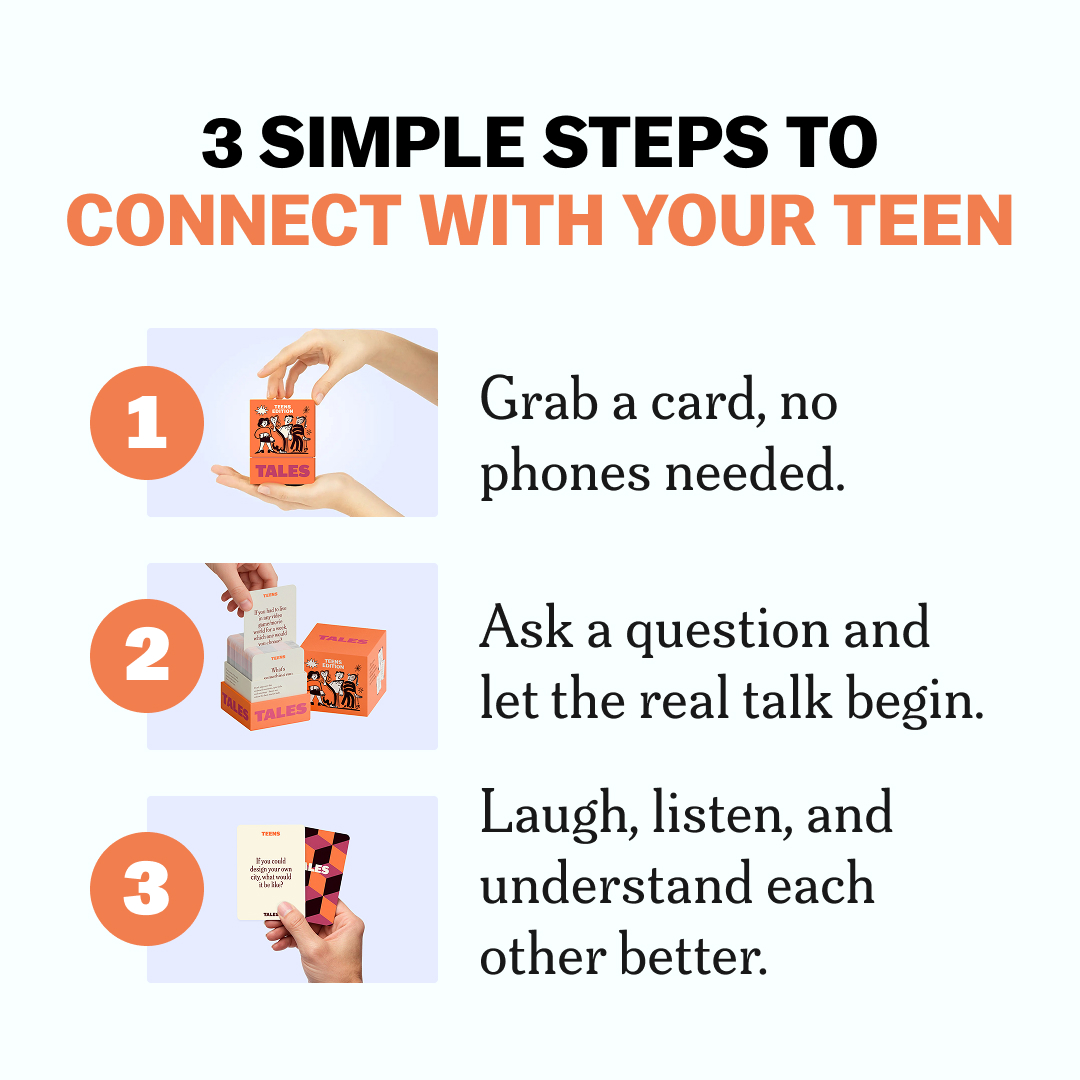 Infographic on three steps to connect with your teen using cards.
