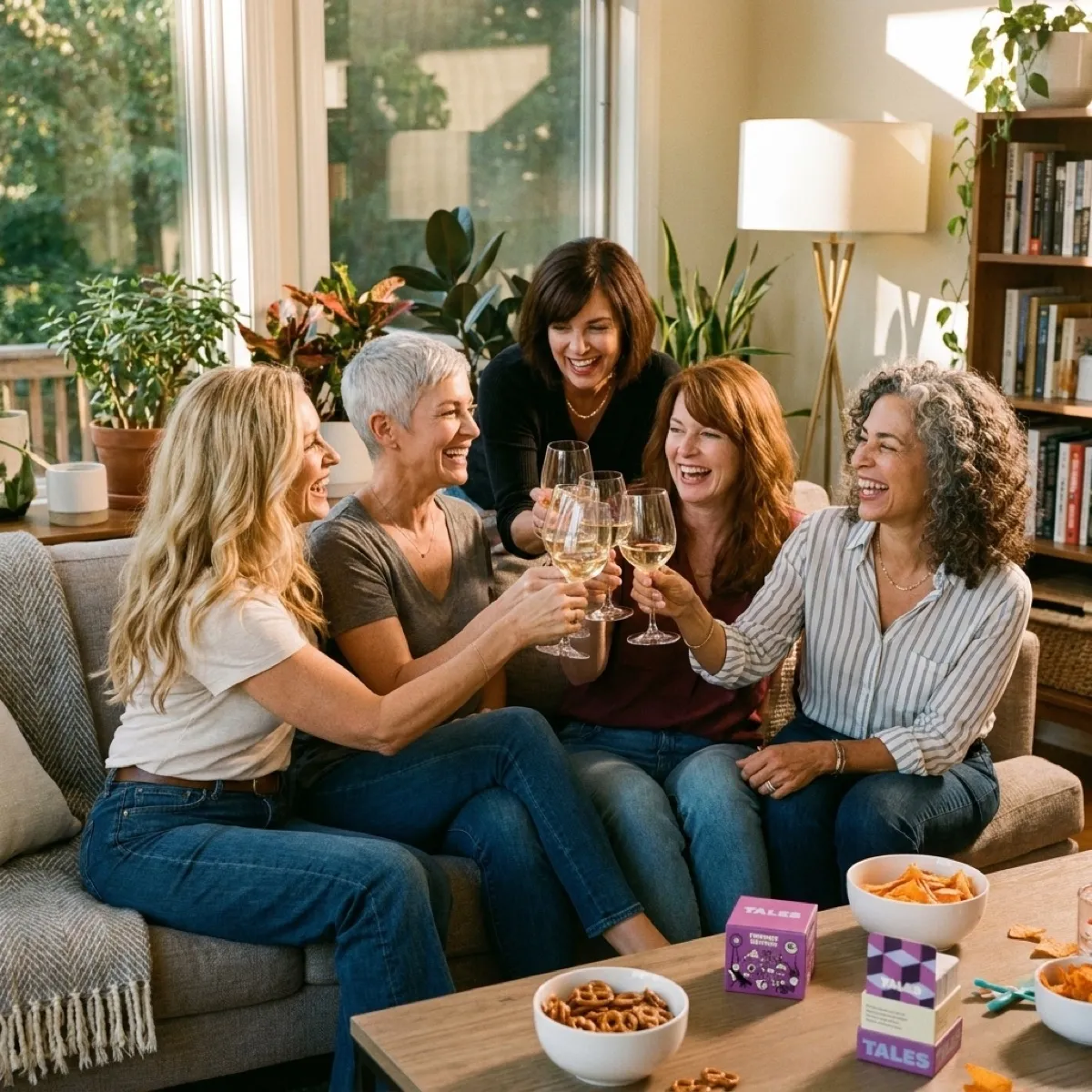 Five women sit laughing on a couch in a living room, toasting with glasses of white wine.