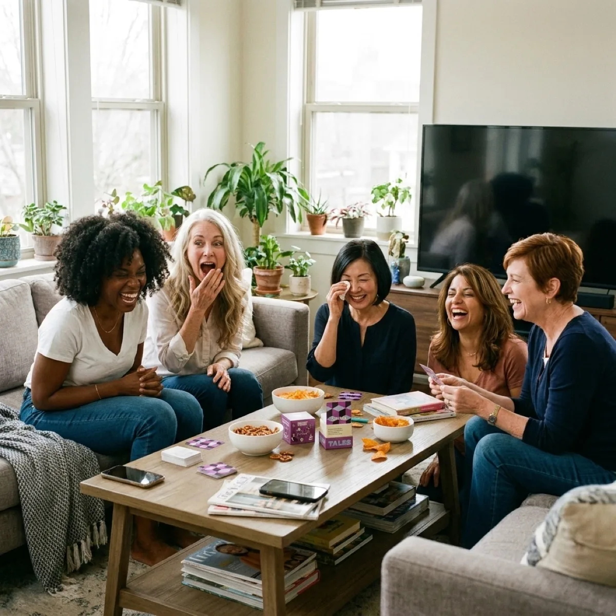 Five women sit around a coffee table in a living room, laughing while playing a card game.