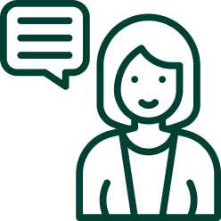 Line drawing of a person with a speech bubble.