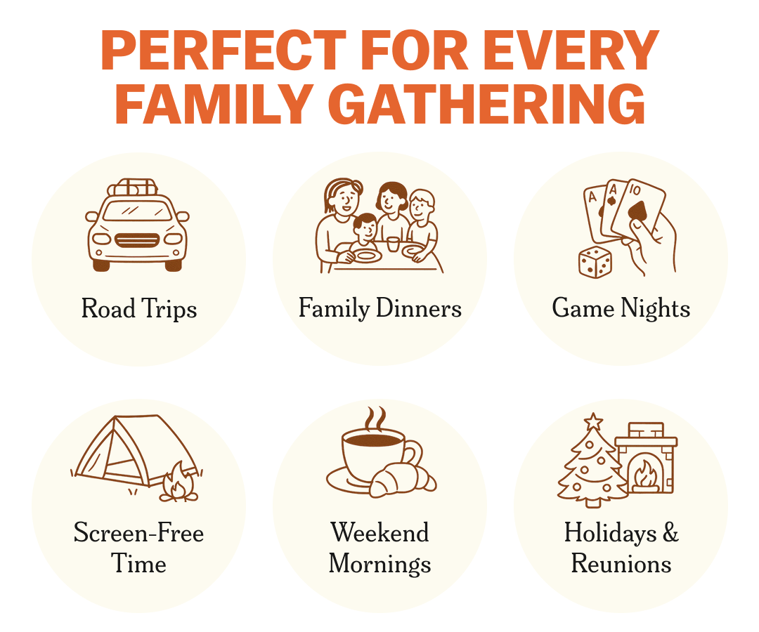 Illustrations of family activities: road trips, dinners, game nights, screen-free time, mornings, holidays.