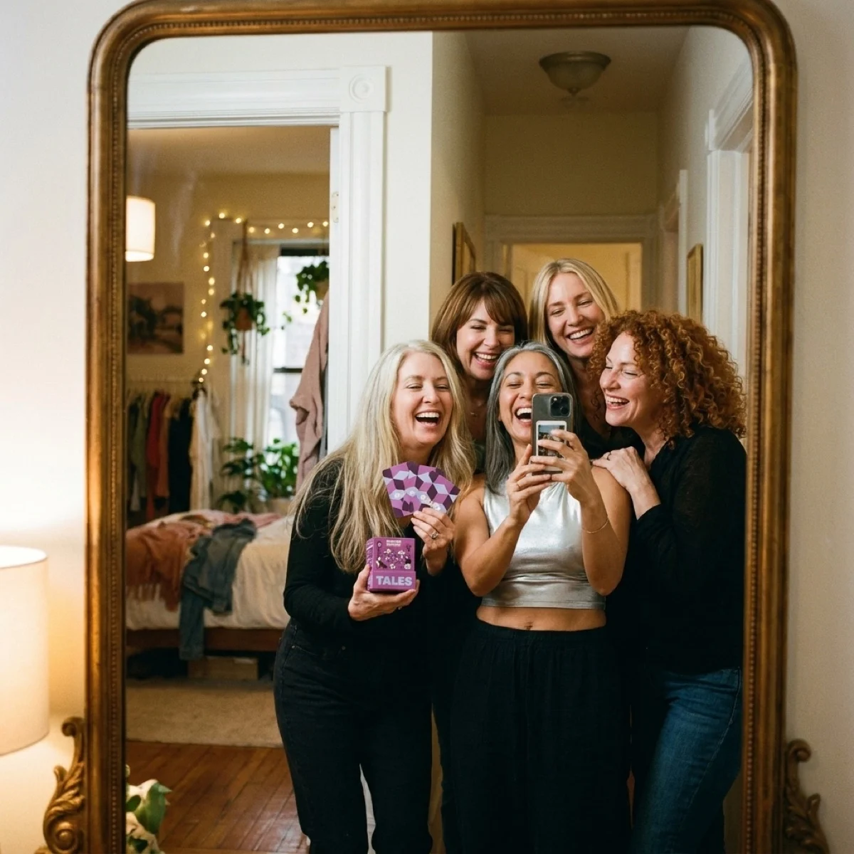 Five women laugh as they take a selfie together in a large, gold-framed mirror.