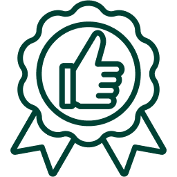 Green outline of a badge with a thumbs-up icon inside.