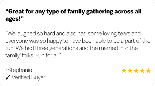 A five-star review from Stephanie, a verified buyer, praising a product for family gatherings of all ages.