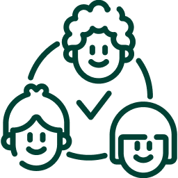 Simple line drawing of three smiling faces connected by a circle.