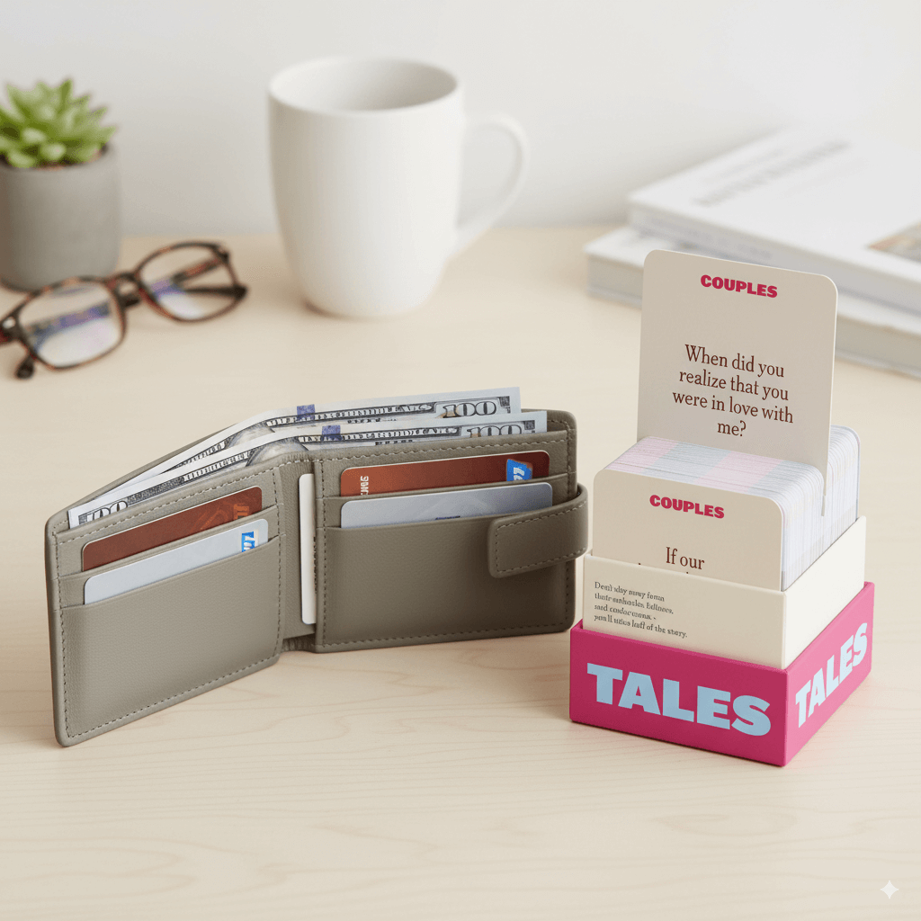 Open wallet with cards and cash beside a box of Couples question cards.