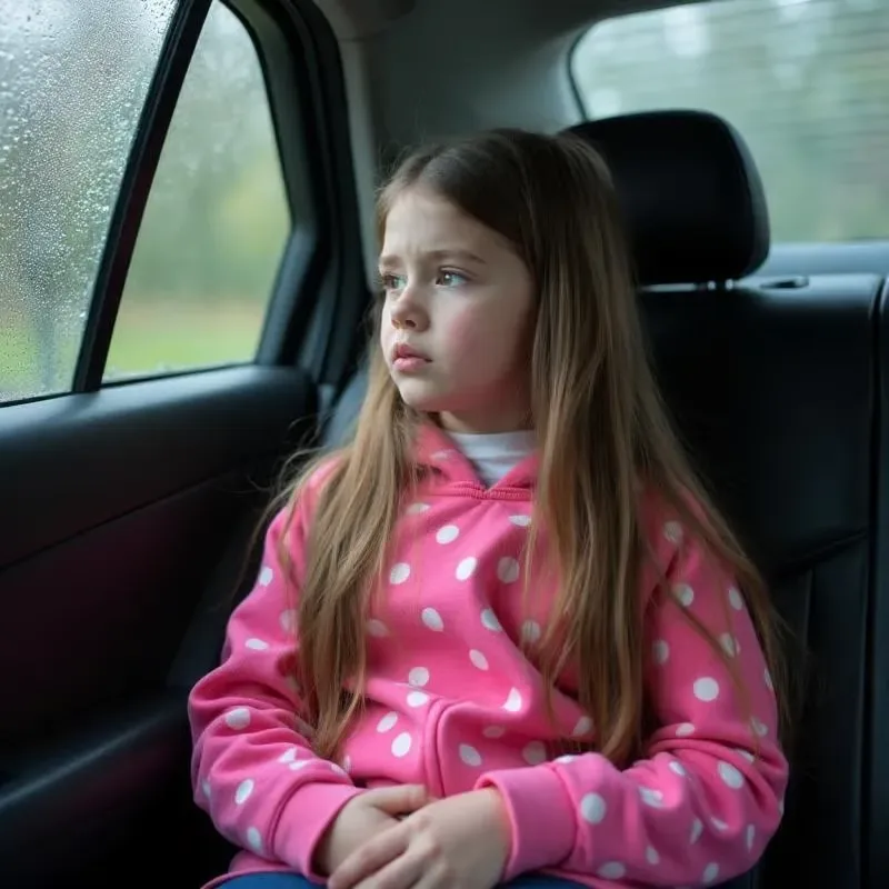 A young girl in a pink polka-dot hoodie sits in the back of a car, looking out the window.