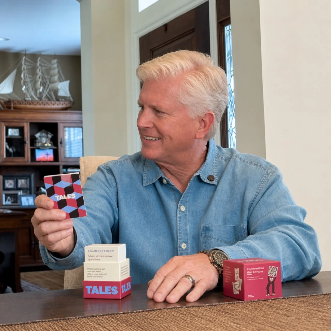 A smiling man in a denim shirt sits at a table holding a card from the 'TALES' card game.