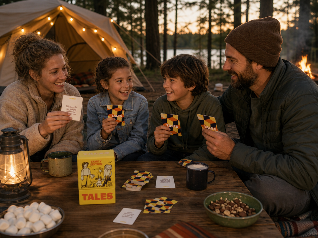 A smiling family of four plays a card game at a wooden table while camping at dusk.