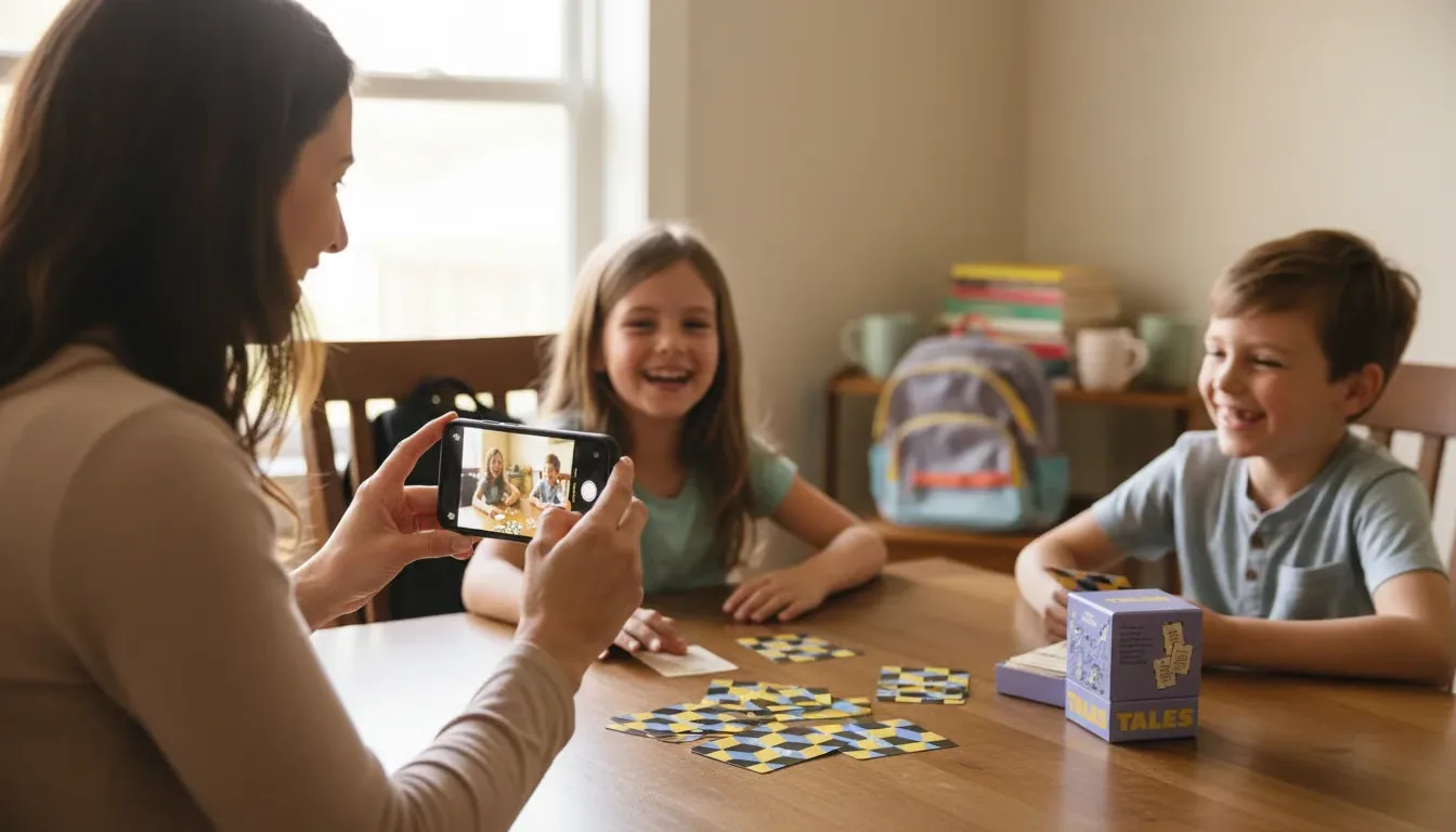 A woman takes a photo with her phone of two smiling children playing a card game.