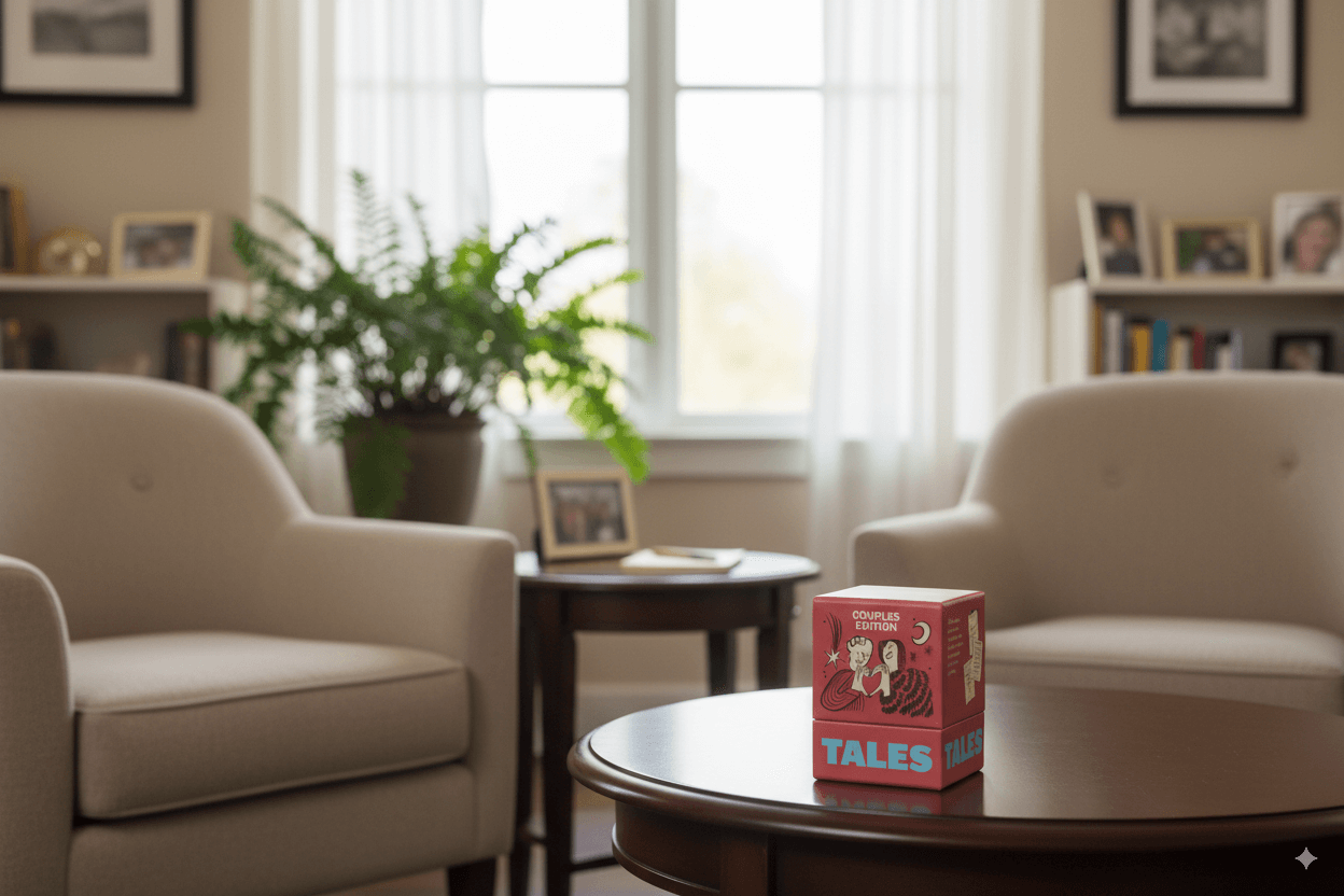 Cozy living room with a game box on the coffee table.