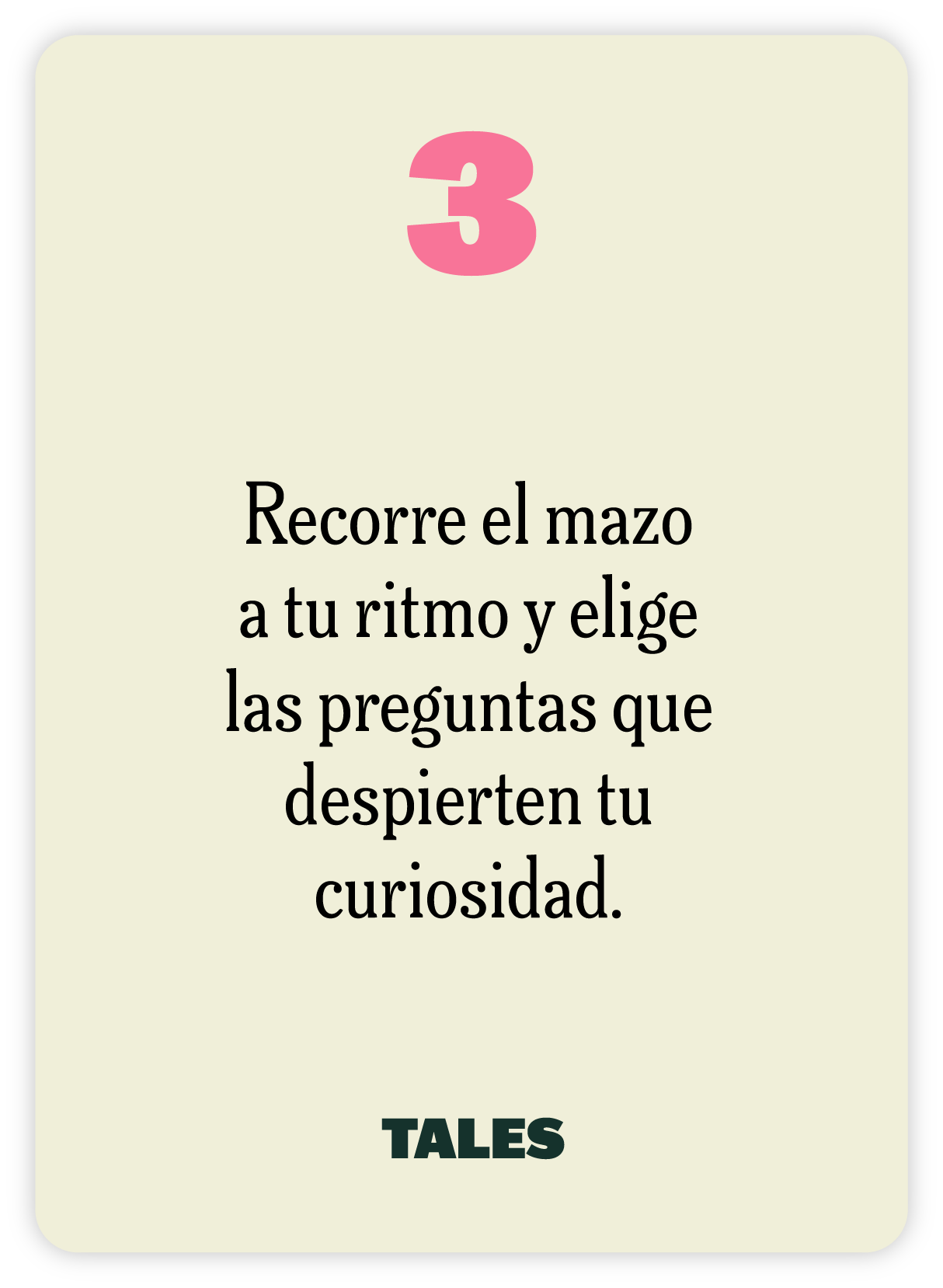 A cream-colored card with a pink number 3, Spanish text, and the word TALES at the bottom.
