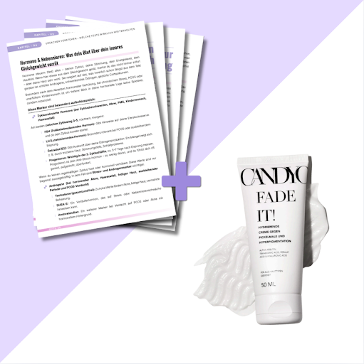 Stack of papers next to a tube of CANDIO FADE IT! cream on a purple and white background.