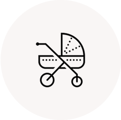 Simple line drawing of a baby stroller on a white background.