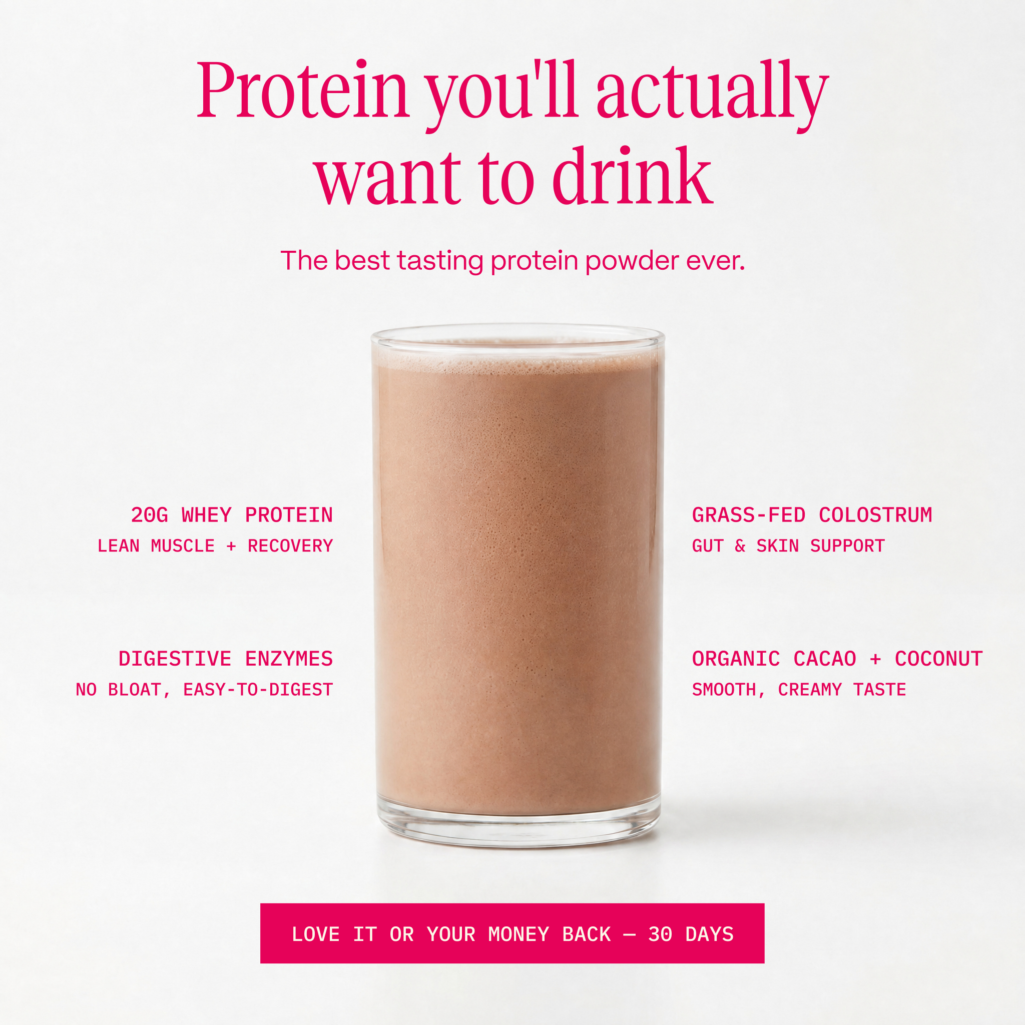A glass of chocolate protein shake with text listing its ingredients and benefits.
